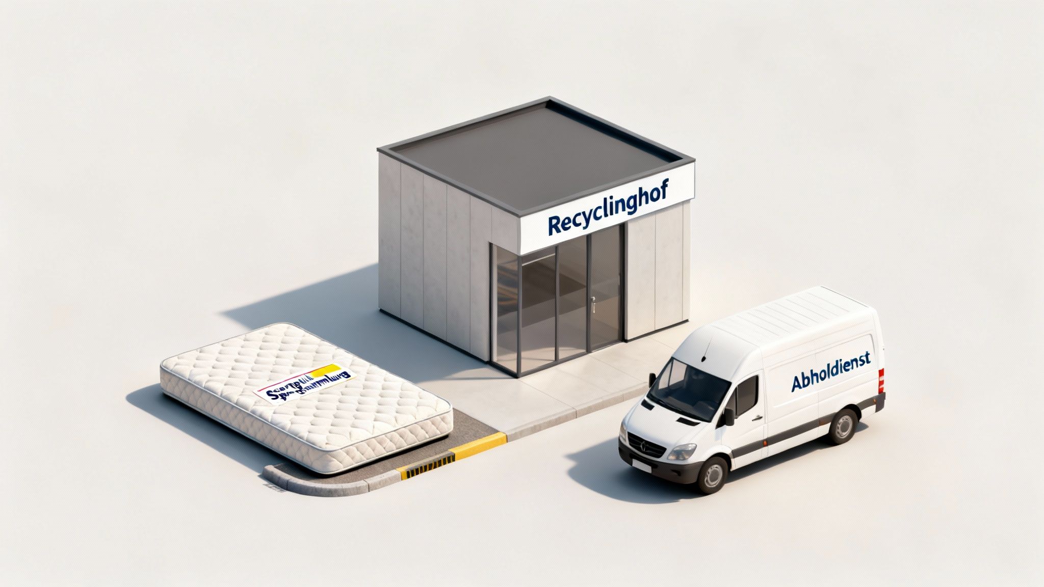 Matratzenentsorgung: Eine Matratze vor einem Recyclinghof und einem Abholdienst-Transporter zur einfachen Entsorgung.