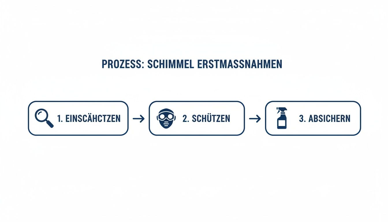 Das Bild zeigt einen dreistufigen Prozess für erste Maßnahmen gegen Schimmel: Einschätzen, Schützen, Absichern.