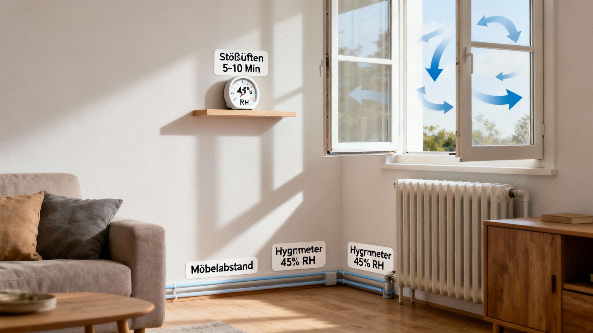 Bild zeigt richtiges Stoßlüften und Feuchtigkeitskontrolle in einem Raum zur Schimmelvermeidung.