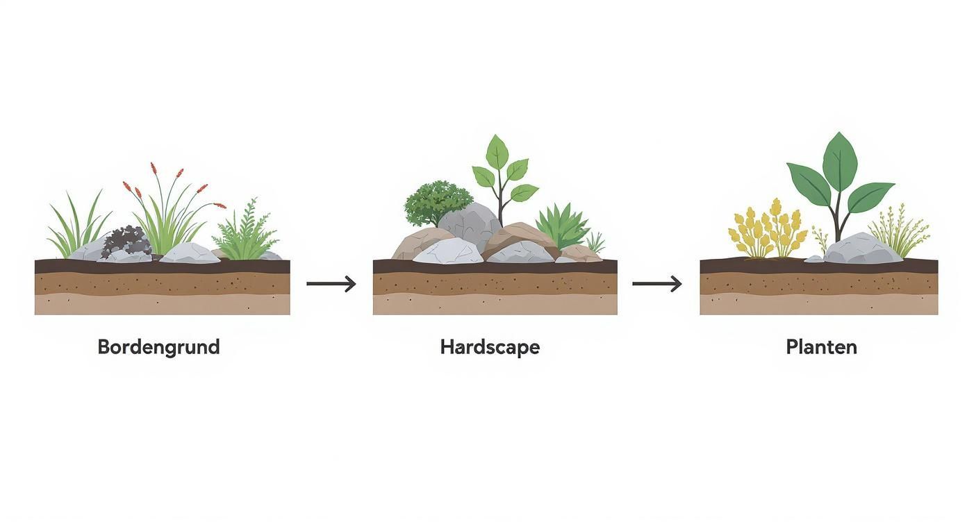 Infografik zu den Schichten des Aquascaping Bodengrund, Hardscape und Pflanzen