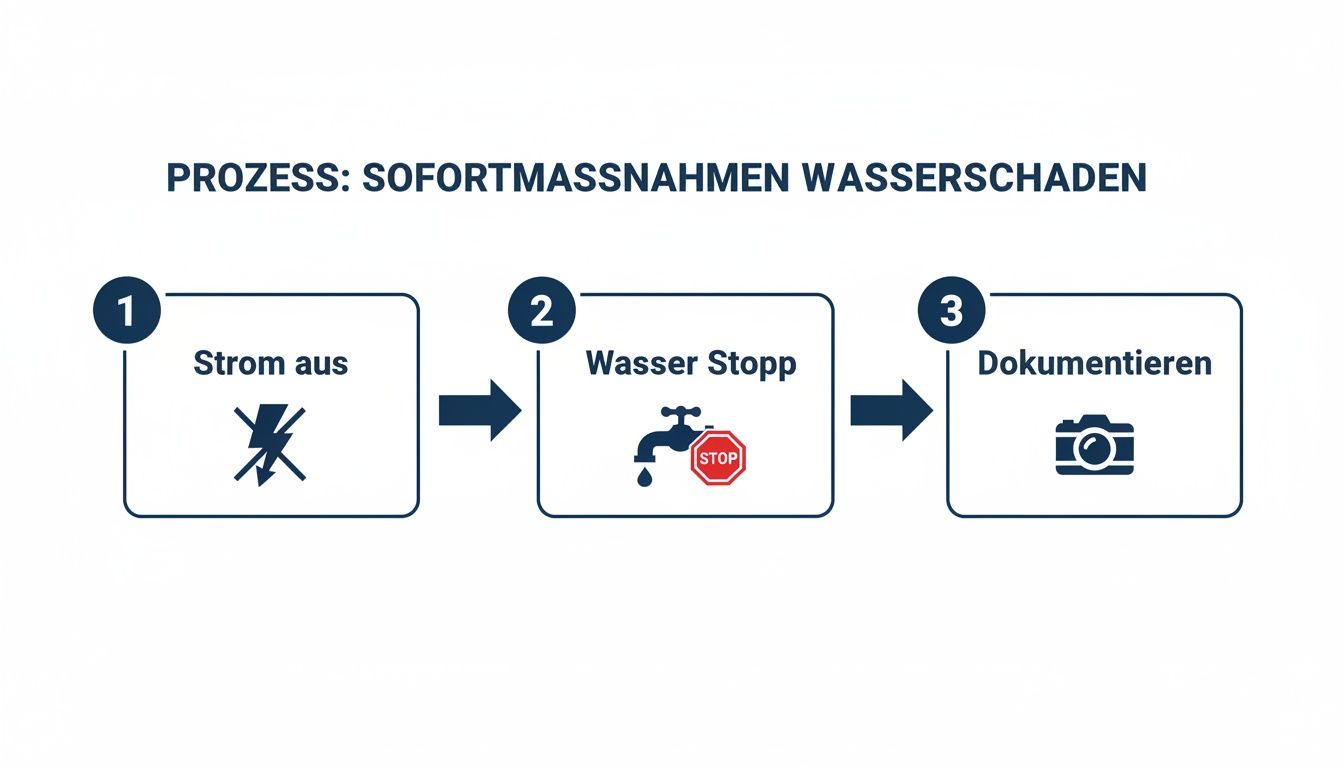 Visualisierung der Prozessschritte für Sofortmaßnahmen bei Wasserschäden: Strom aus, Wasser Stopp, Dokumentieren.