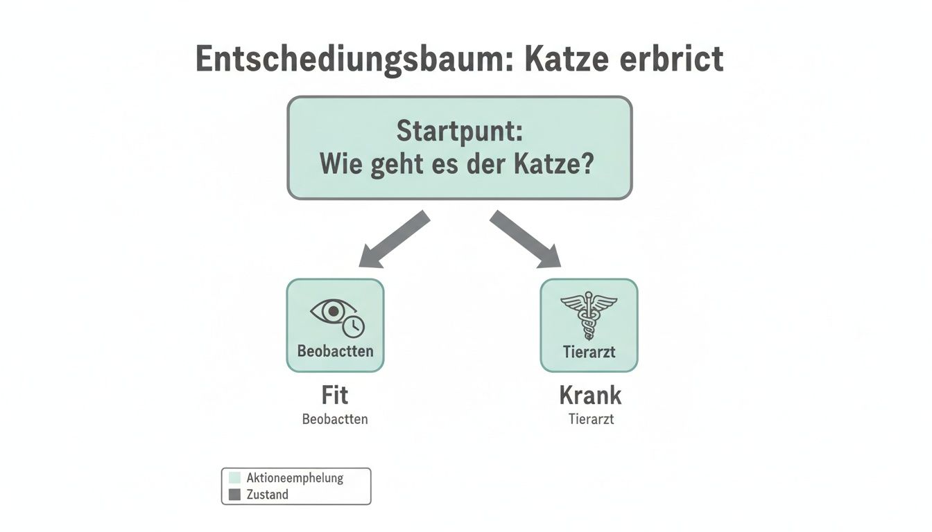 Entscheidungsbaum zur Reaktion bei Erbrechen einer Katze, mit Optionen 'Beobachten' für fitte Katzen und 'Tierarzt' für kranke Katzen.