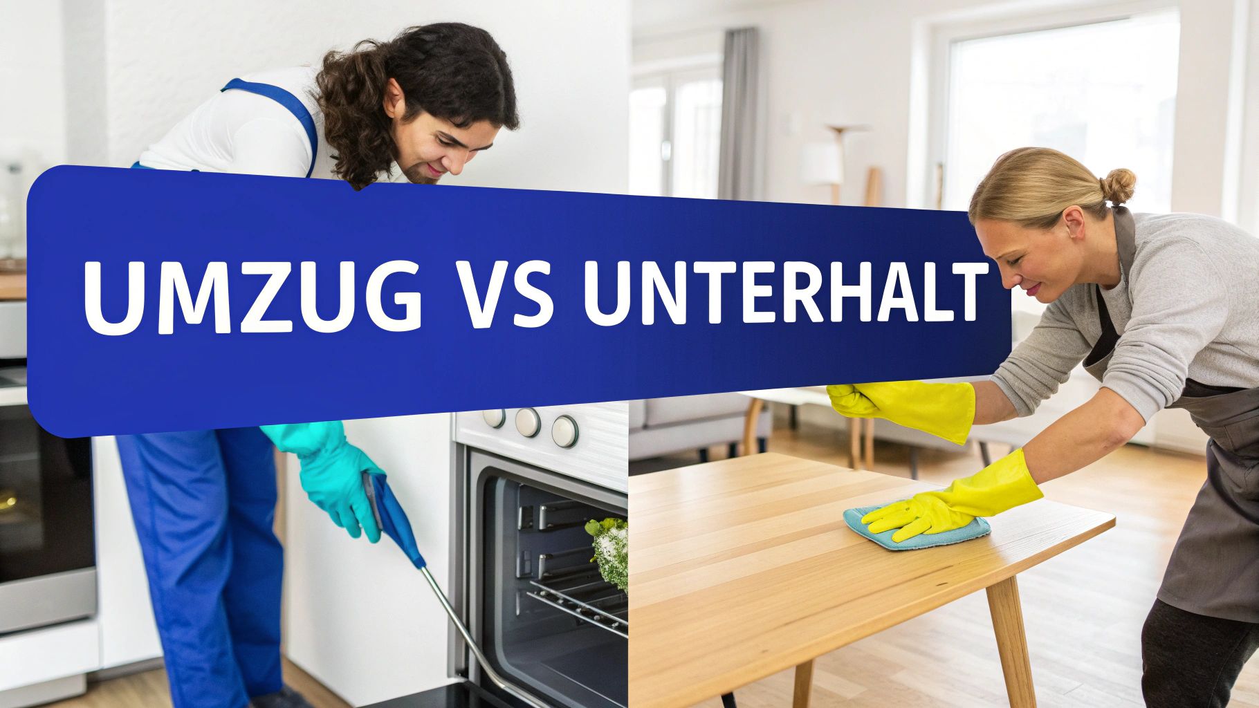 Professionelle Reinigungskräfte zeigen den Unterschied zwischen gründlichem Umzugsputzen und regelmäßiger Unterhaltsreinigung.