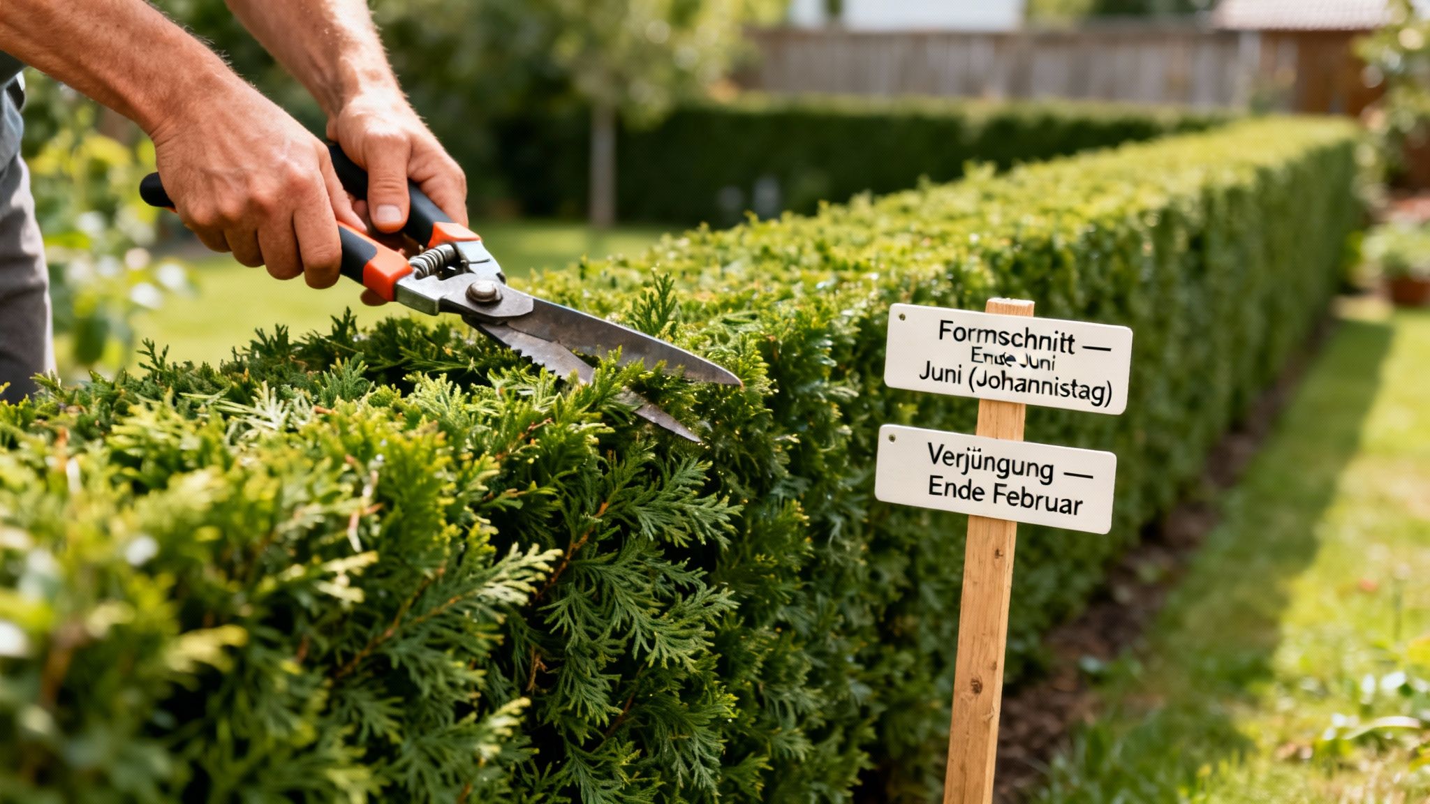 Ein Gärtner schneidet eine Hecke mit einer Gartenschere. Ein Schild gibt Hinweise zum Formschnitt und zur Verjüngung.