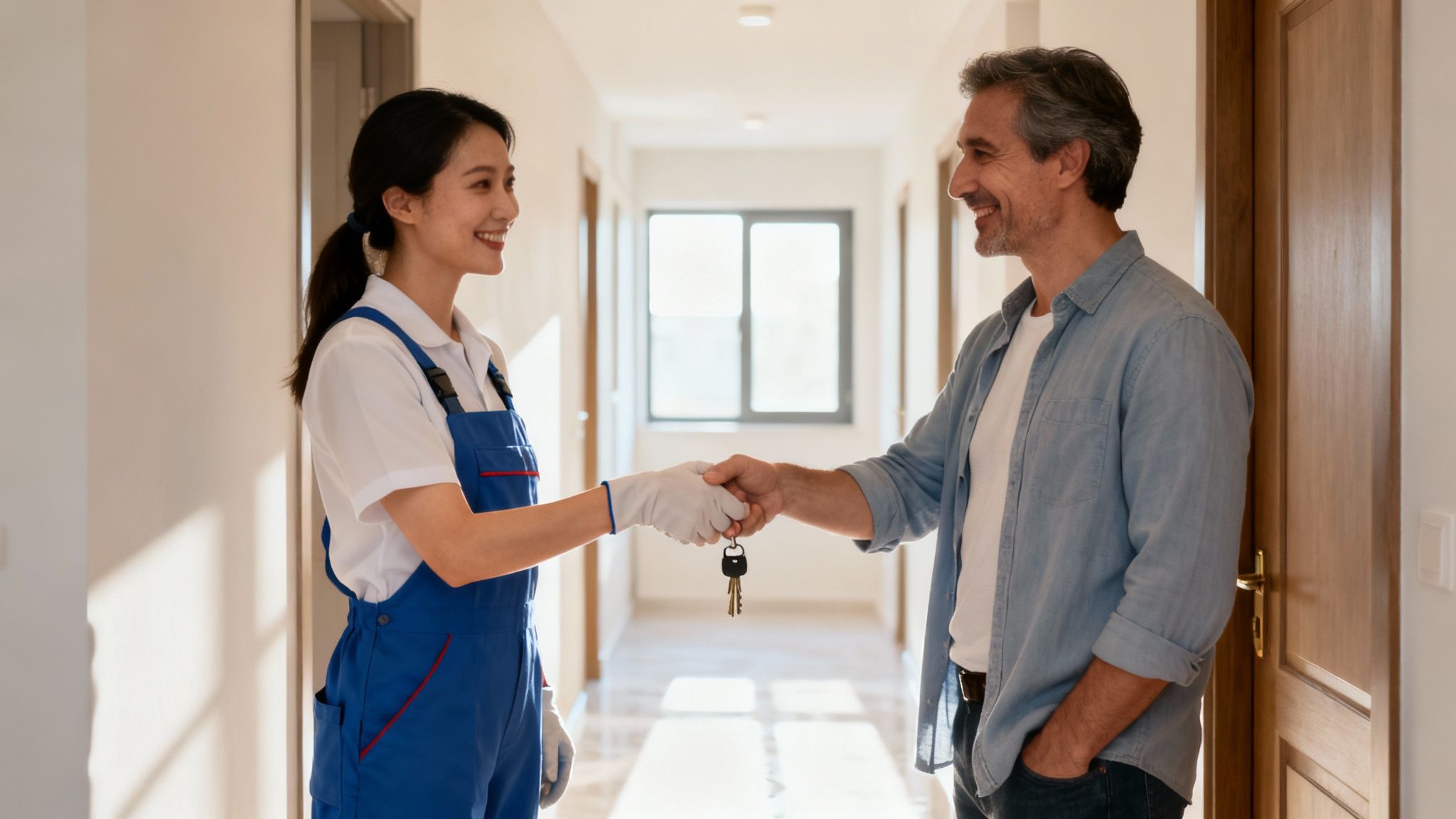 Eine lächelnde Reinigungskraft übergibt einem zufriedenen Kunden die Schlüssel in einem hellen Flur.