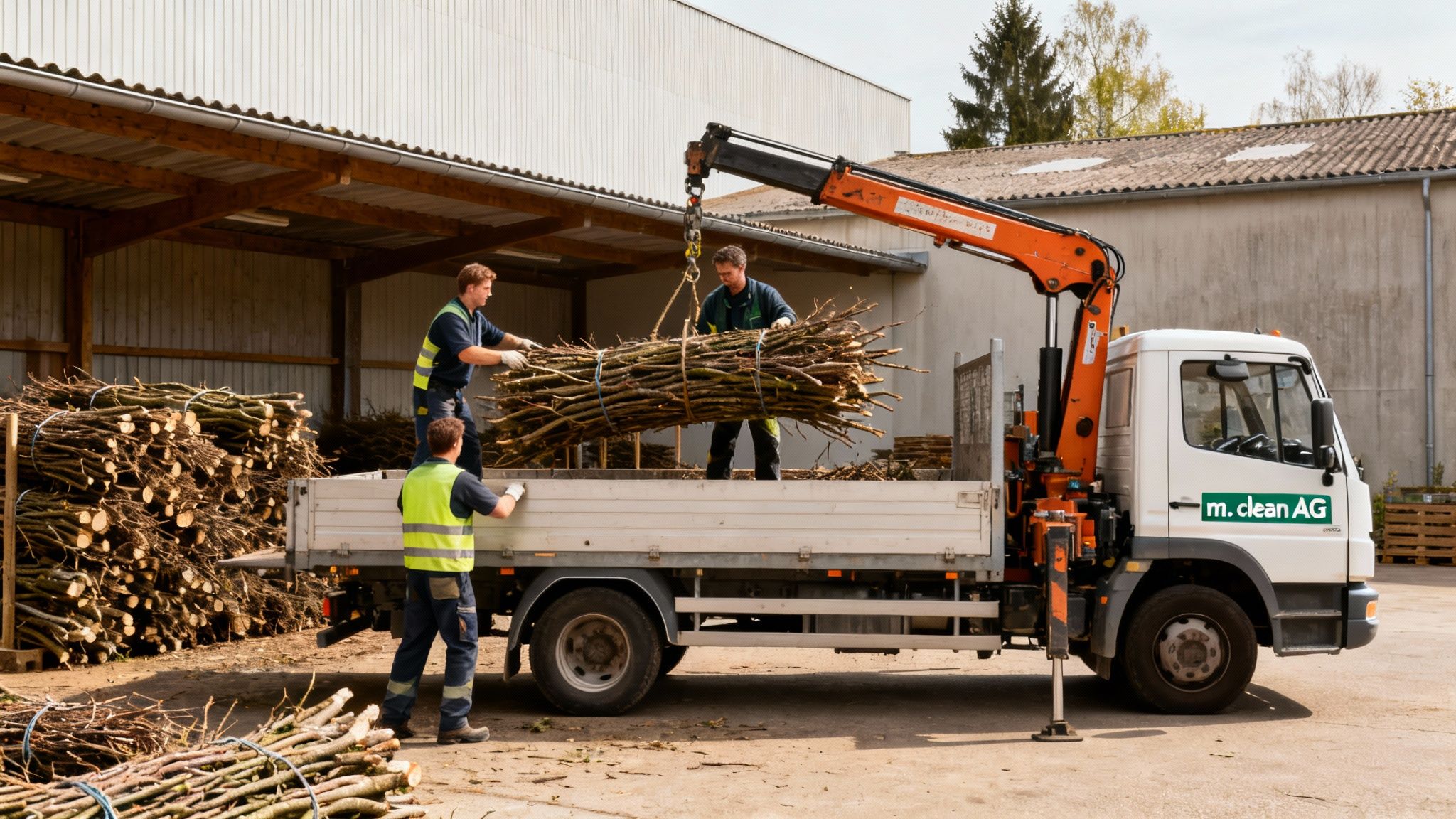 Drei Männer verladen mit einem Kran Astbündel auf einen LKW zur Grüngutentsorgung.