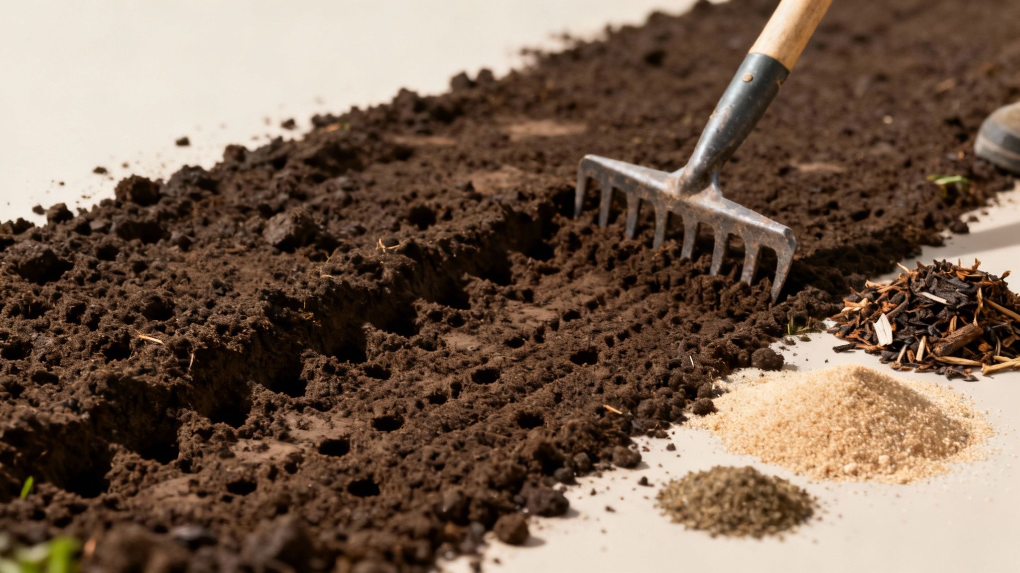 Dunkle Gartenerde mit vorbereiteten Pflanzlöchern, Rechen, Mulch und Bodenzusätzen für einen neuen Rasen.