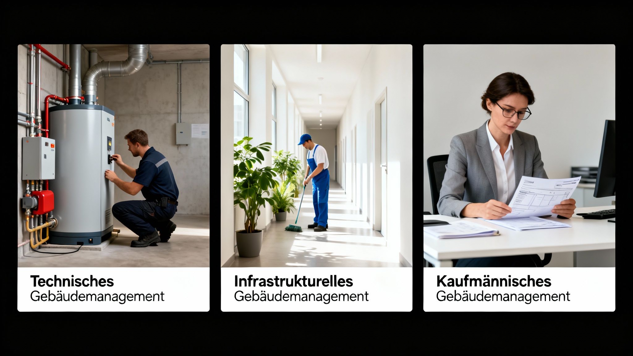 Drei Bilder zeigen Aspekte des Gebäudemanagements: technische Wartung, Reinigung und kaufmännische Verwaltung.