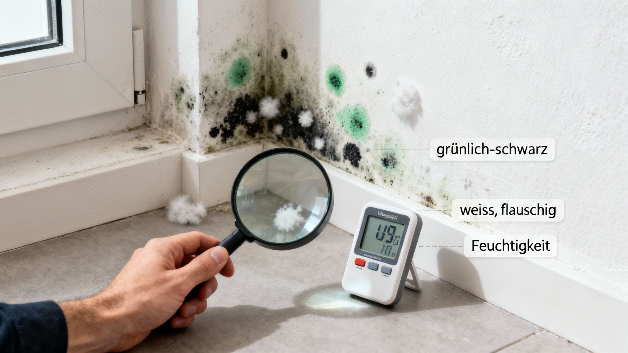 Schimmel an der Wand wird mit Lupe und Feuchtigkeitsmesser untersucht, mit Beschriftungen für Farben und Feuchtigkeit.