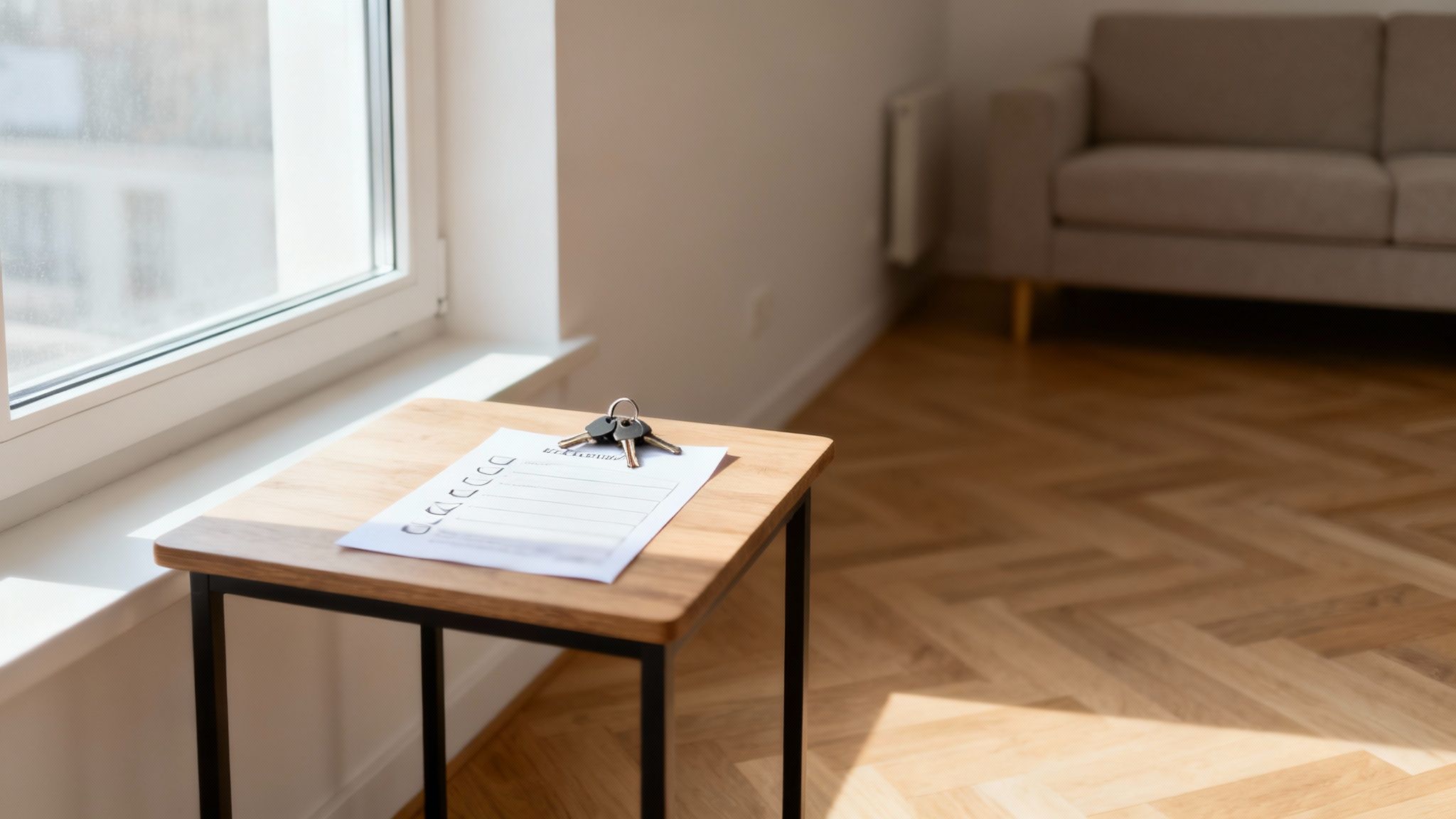 Schlüssel auf einer Umzugs-Checkliste neben einem Fenster in einem hellen, leeren Zimmer.