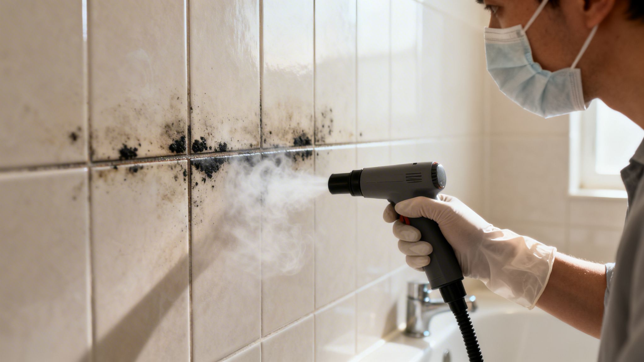 Eine Person mit Maske und Handschuhen reinigt schwarzen Schimmel an Badezimmerfliesen mit einem Dampfreiniger.