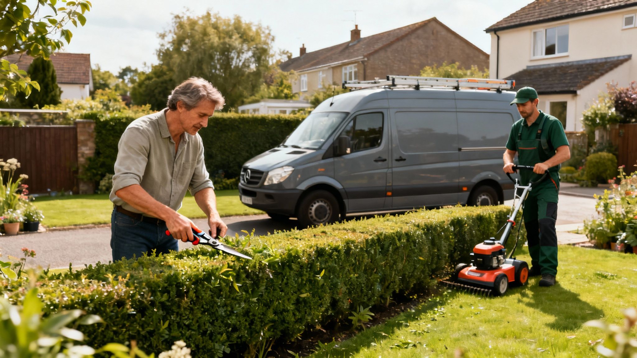 Zwei Männer pflegen einen Garten an einem sonnigen Tag. Einer schneidet eine Hecke, der andere aerifiziert den Rasen. Ein grauer Lieferwagen steht im Hintergrund.