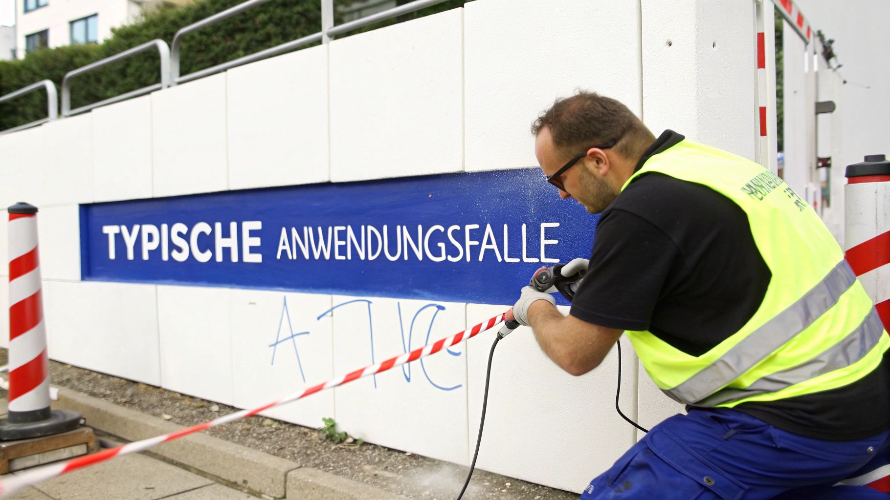 Arbeiter in Warnweste entfernt Graffiti von blauer Werbetafel mit Hochdruckreiniger