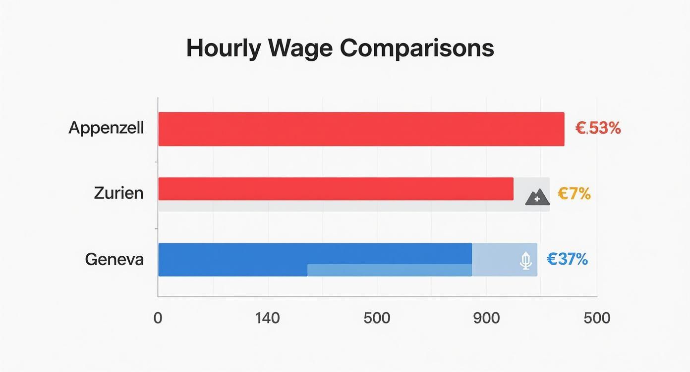 Infografik, die den Stundenlohn für Putzfrauen in den Kantonen Appenzell, Zürich und Genf vergleicht, mit entsprechenden Symbolen für Berge, Stadt und den Jet d'Eau.