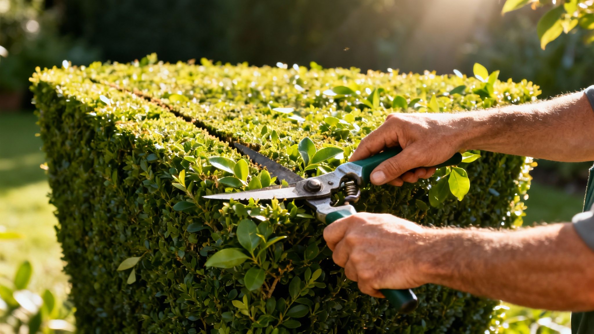 Hände schneiden mit einer Gartenschere eine ordentliche grüne Hecke unter hellem Sonnenlicht.