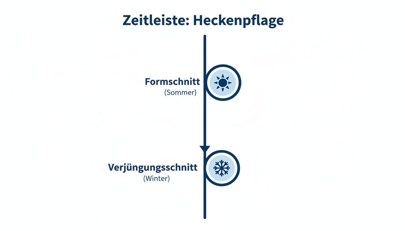 Eine Zeitleiste zeigt die Heckenpflege: Formschnitt im Sommer (Sonnensymbol) und Verjüngungsschnitt im Winter (Schneeflockensymbol).