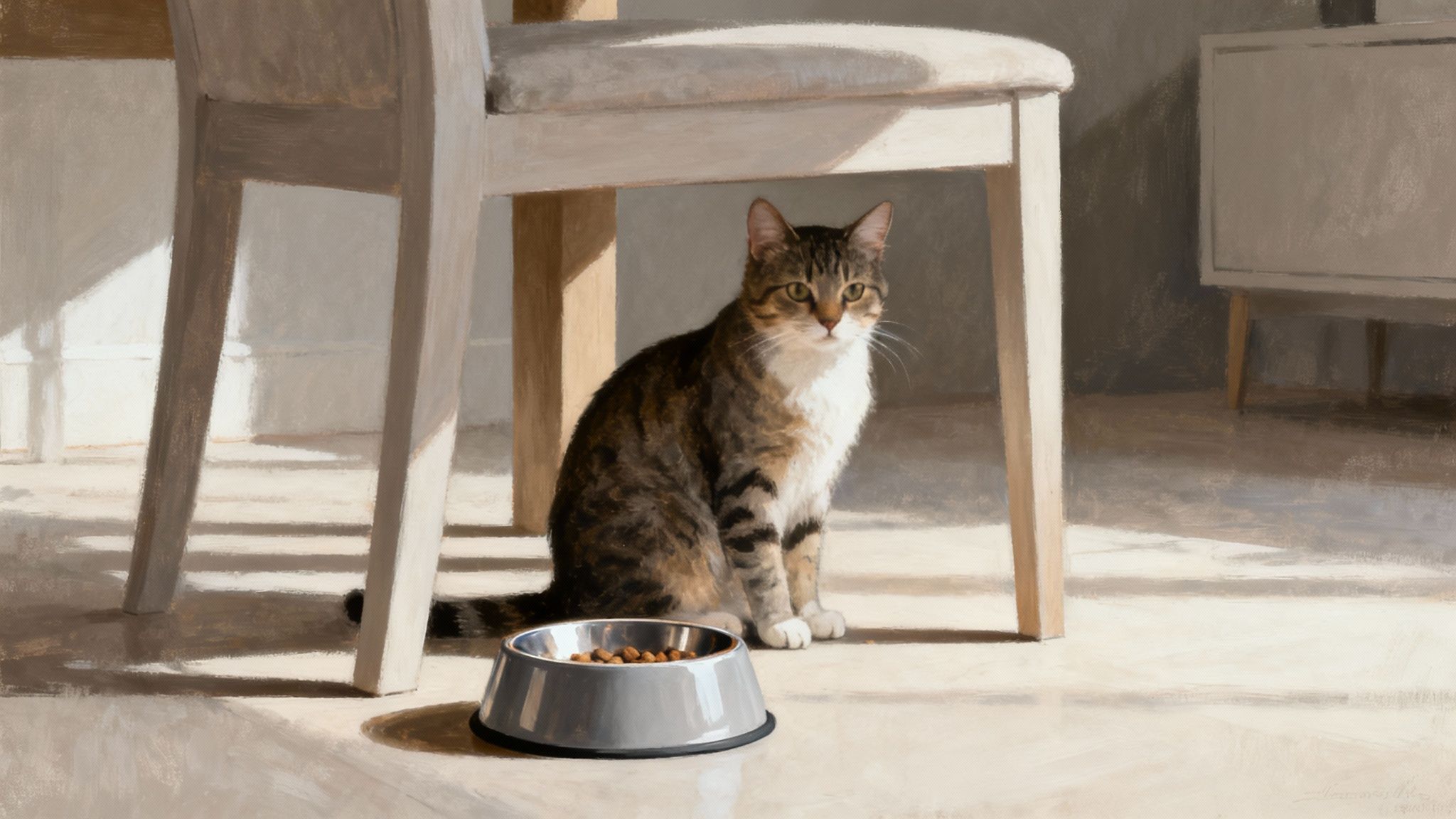 Eine gestreifte Katze sitzt unter einem Stuhl und blickt aufmerksam neben ihrem vollen Futternapf.