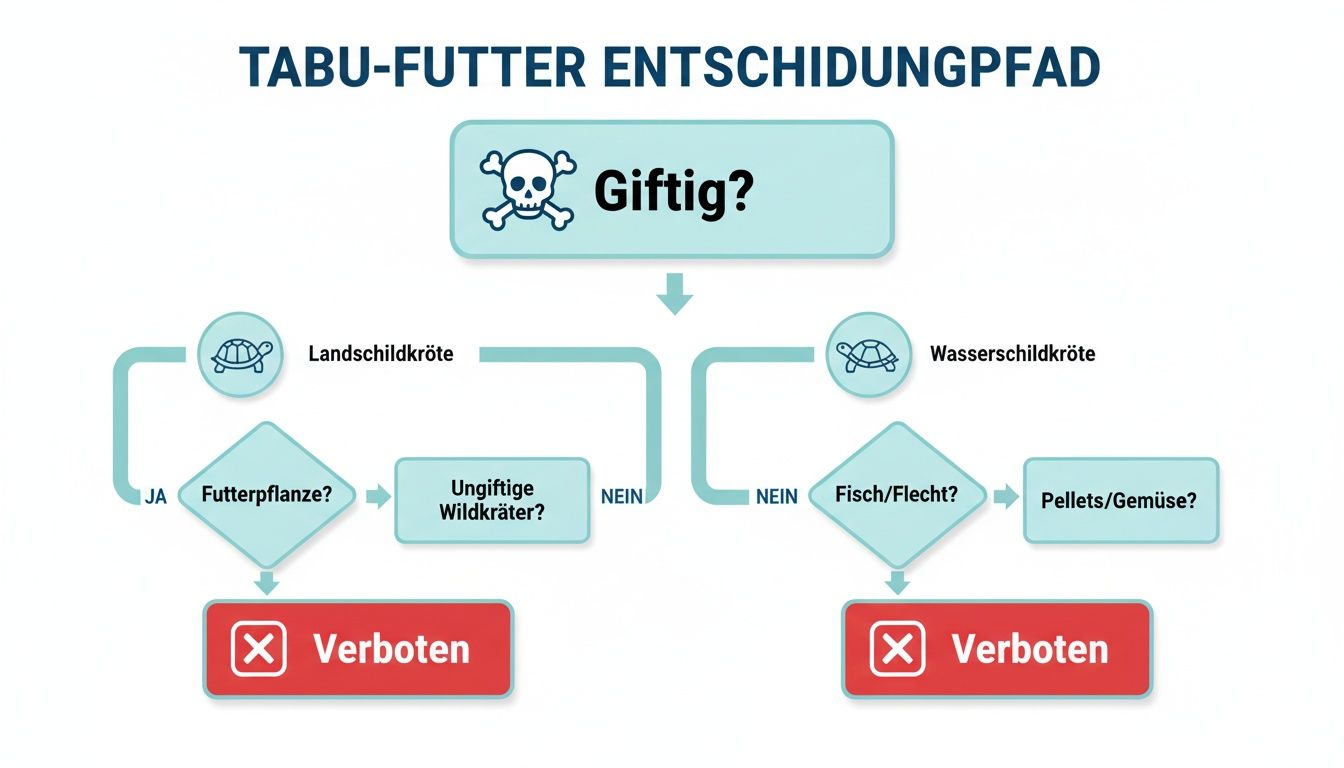 Flussdiagramm für Schildkrötenfutter: Giftige Lebensmittel und Entscheidungen für Land- und Wasserschildkröten.