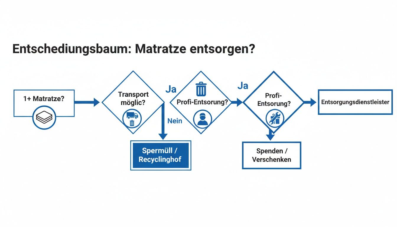 Flussdiagramm zur Matratzenentsorgung in der Schweiz, zeigt Optionen wie Recyclinghof, Spenden oder Entsorgungsdienstleister.
