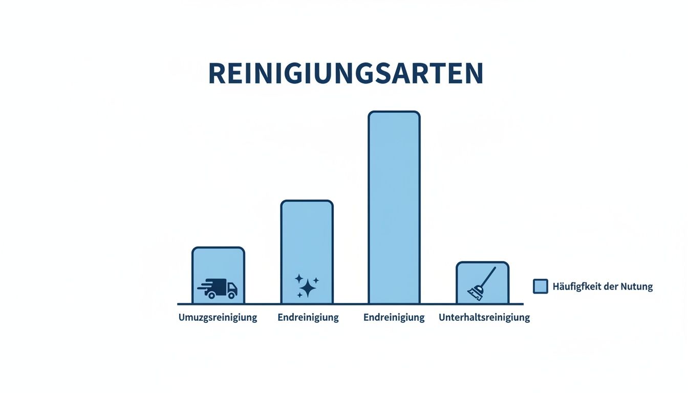 Balkendiagramm über verschiedene Reingungsarten wie Umzugs-, End- und Unterhaltsreinigung und deren Häufigkeit.