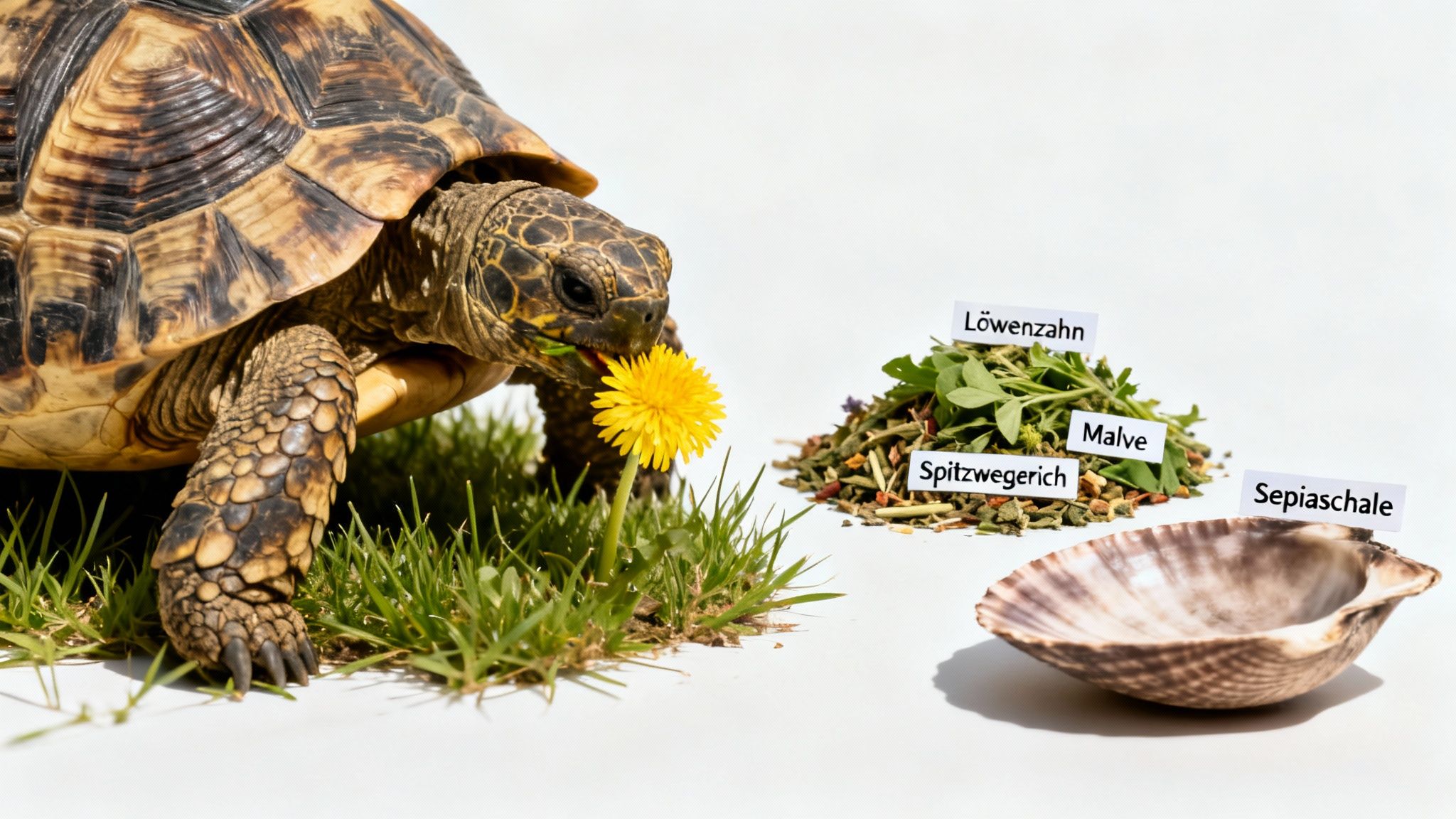 Eine Schildkröte frisst einen Löwenzahn, daneben liegen Futterpflanzen und eine Sepiaschale auf weißem Hintergrund.