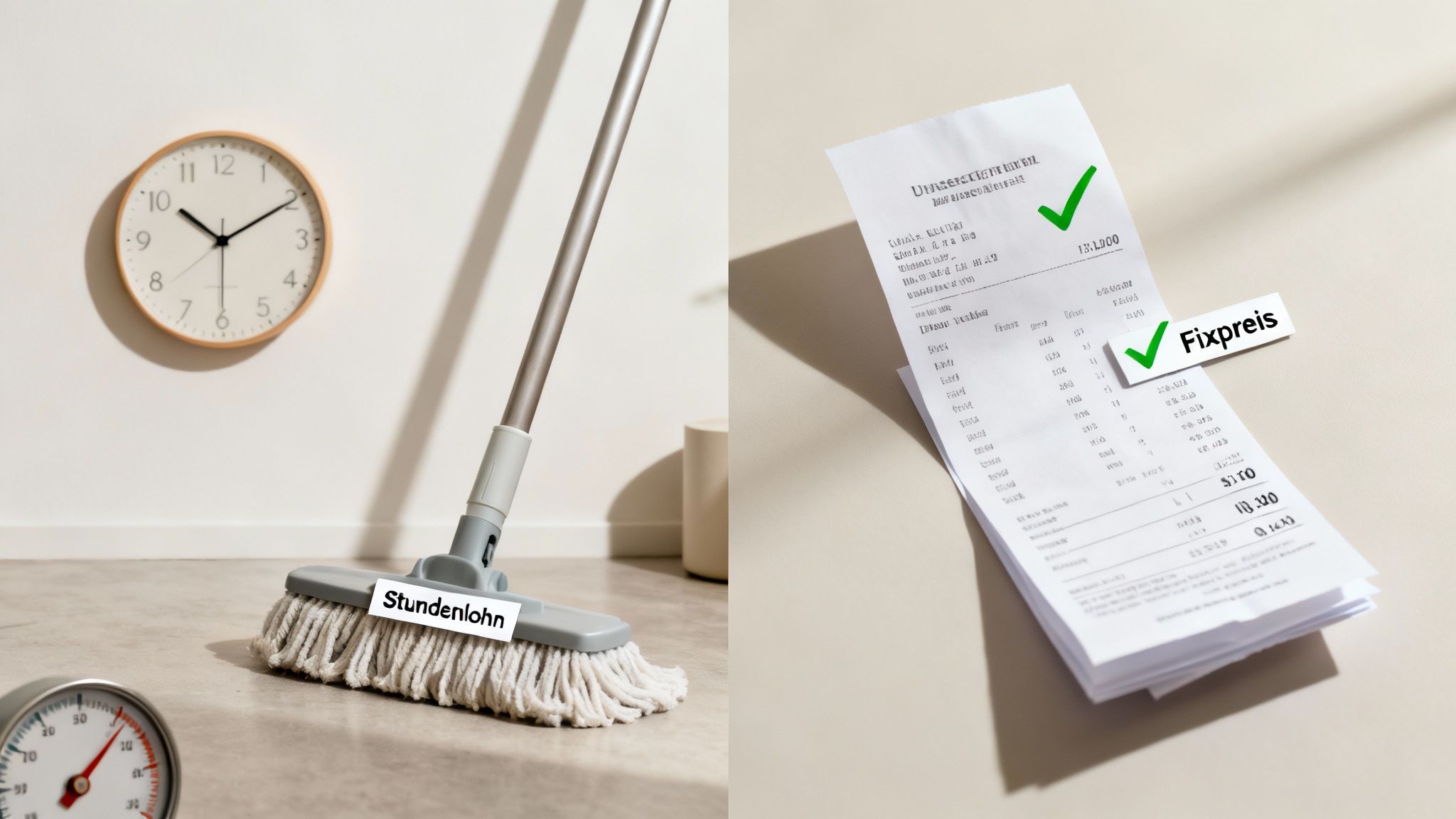 Das Bild zeigt den Unterschied zwischen Stundenlohn (Mop, Uhr) und Fixpreis (Rechnungen) für Dienstleistungen.