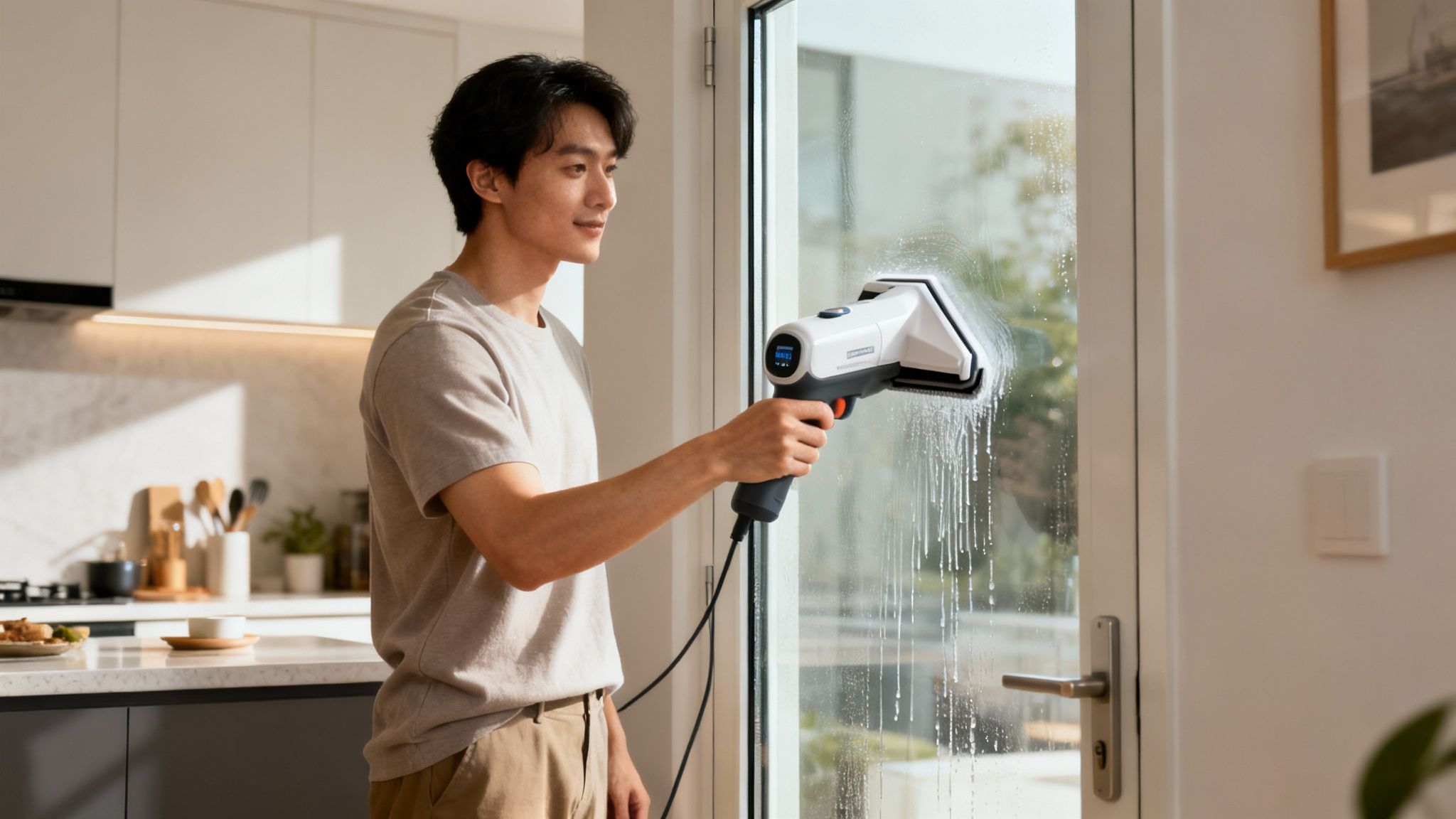Junger Mann putzt lächelnd eine Glastür mit einem modernen Fensterreiniger in einem hellen Zuhause.