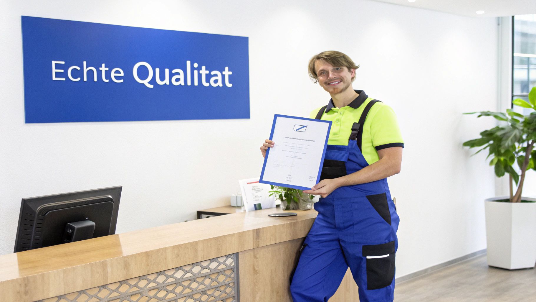 Eine Reinigungskraft putzt sorgfältig ein Fenster in einem modernen Bürogebäude