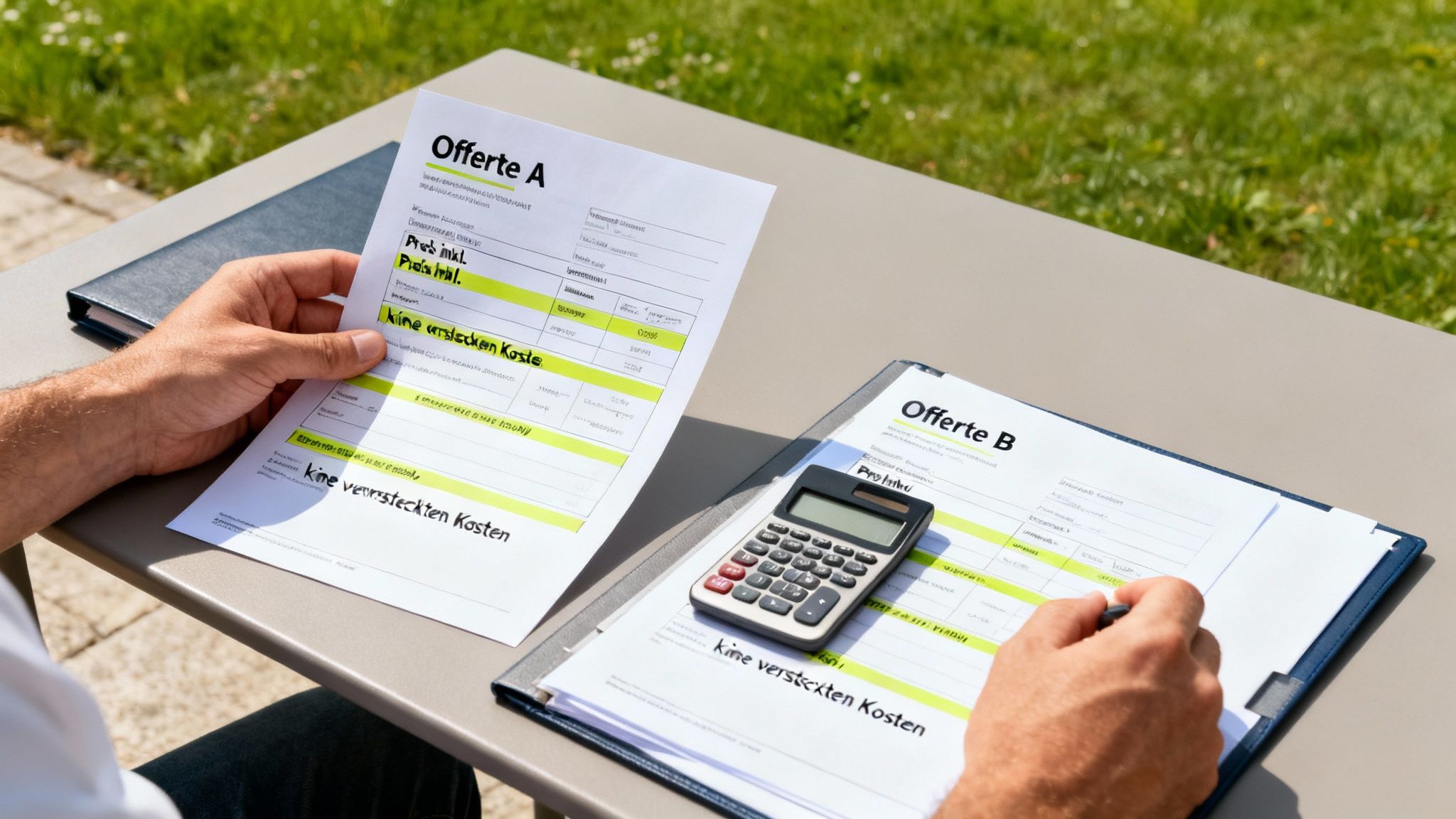 Eine Person vergleicht auf einem Tisch im Freien zwei Angebote 'Offerte A' und 'Offerte B' mit einem Taschenrechner.