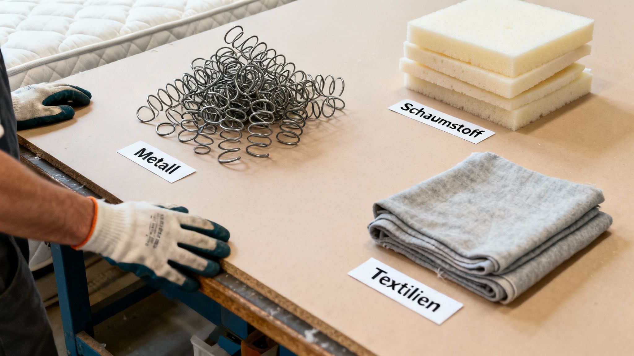 Verschiedene Matratzenkomponenten wie Metallfedern, Schaumstoff und Textilien auf einem Tisch mit Beschriftungen.