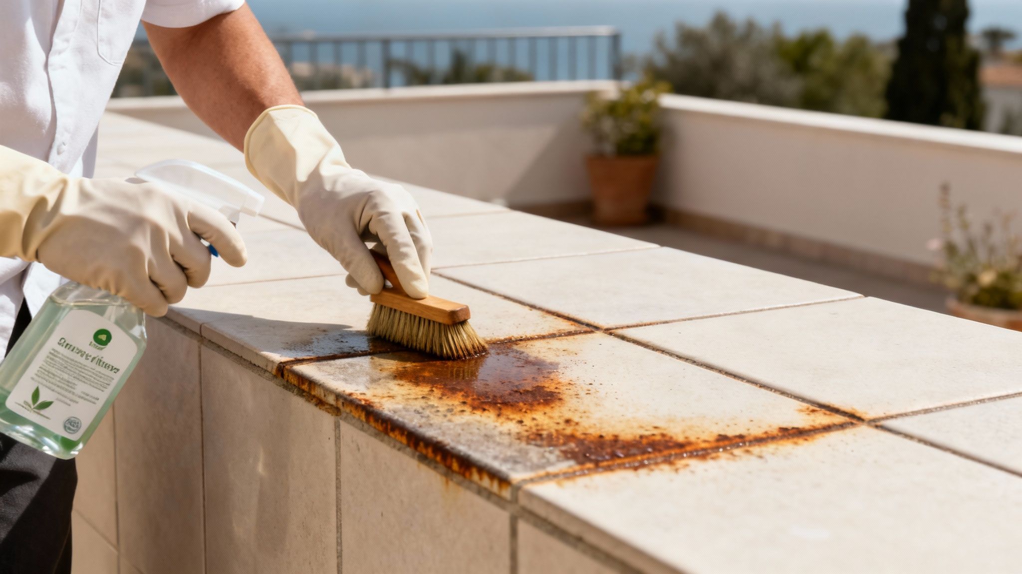 Eine Person in Handschuhen reinigt Rostflecken auf hellen Fliesen mit einer Bürste und einem Sprühreiniger auf einer Terrasse.