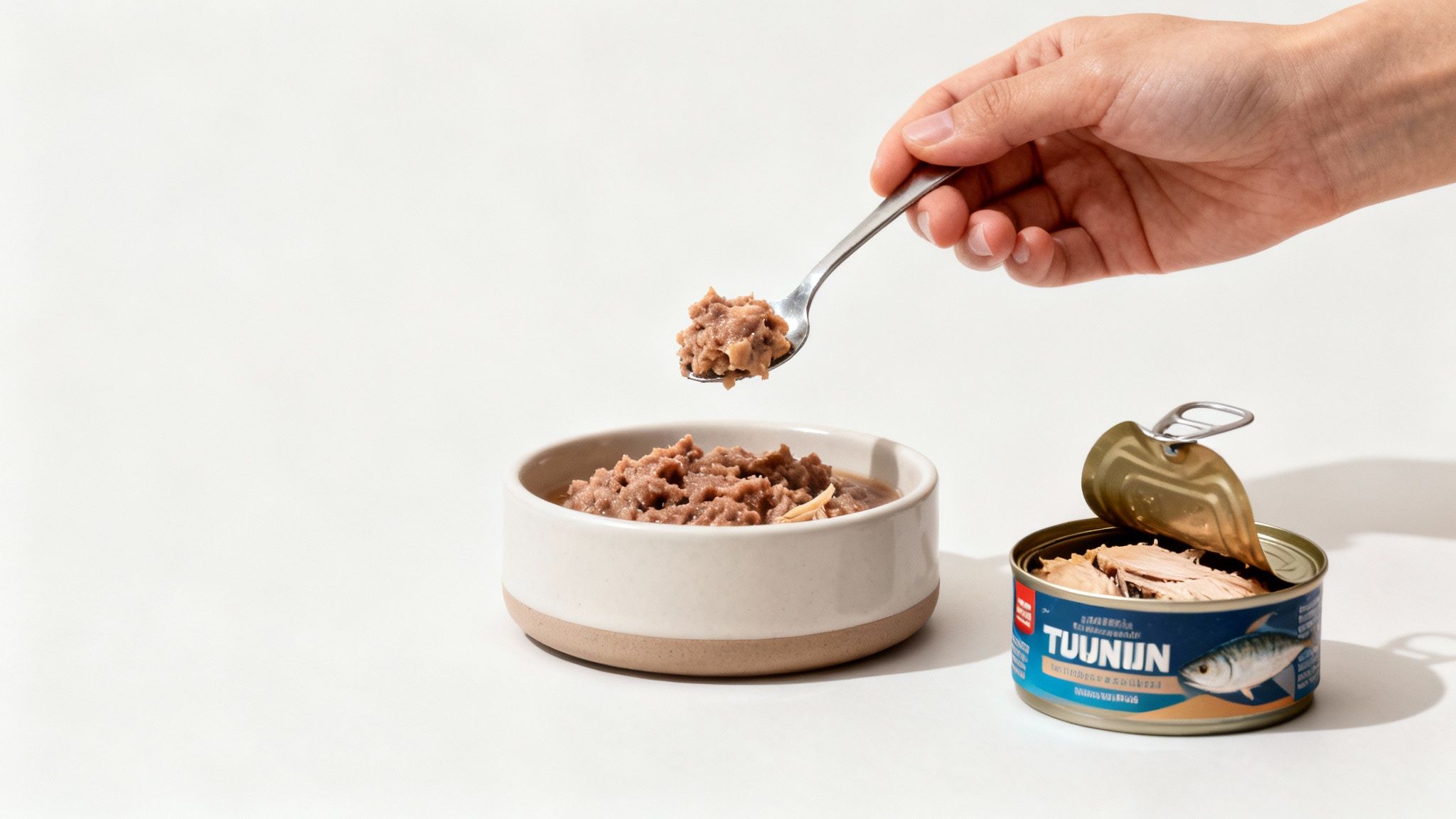 Eine Hand löffelt braunes Nassfutter aus einer Dose in einen weißen Napf, daneben steht eine offene Thunfischdose.