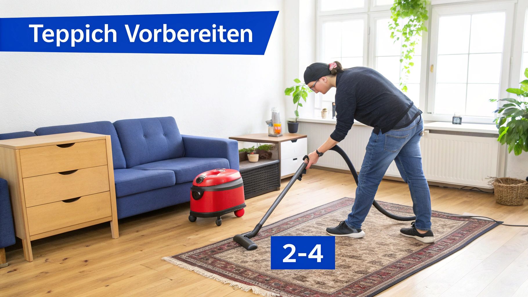 Eine Person saugt einen Teppich mit einem roten Staubsauger, um ihn für die Reinigung vorzubereiten.