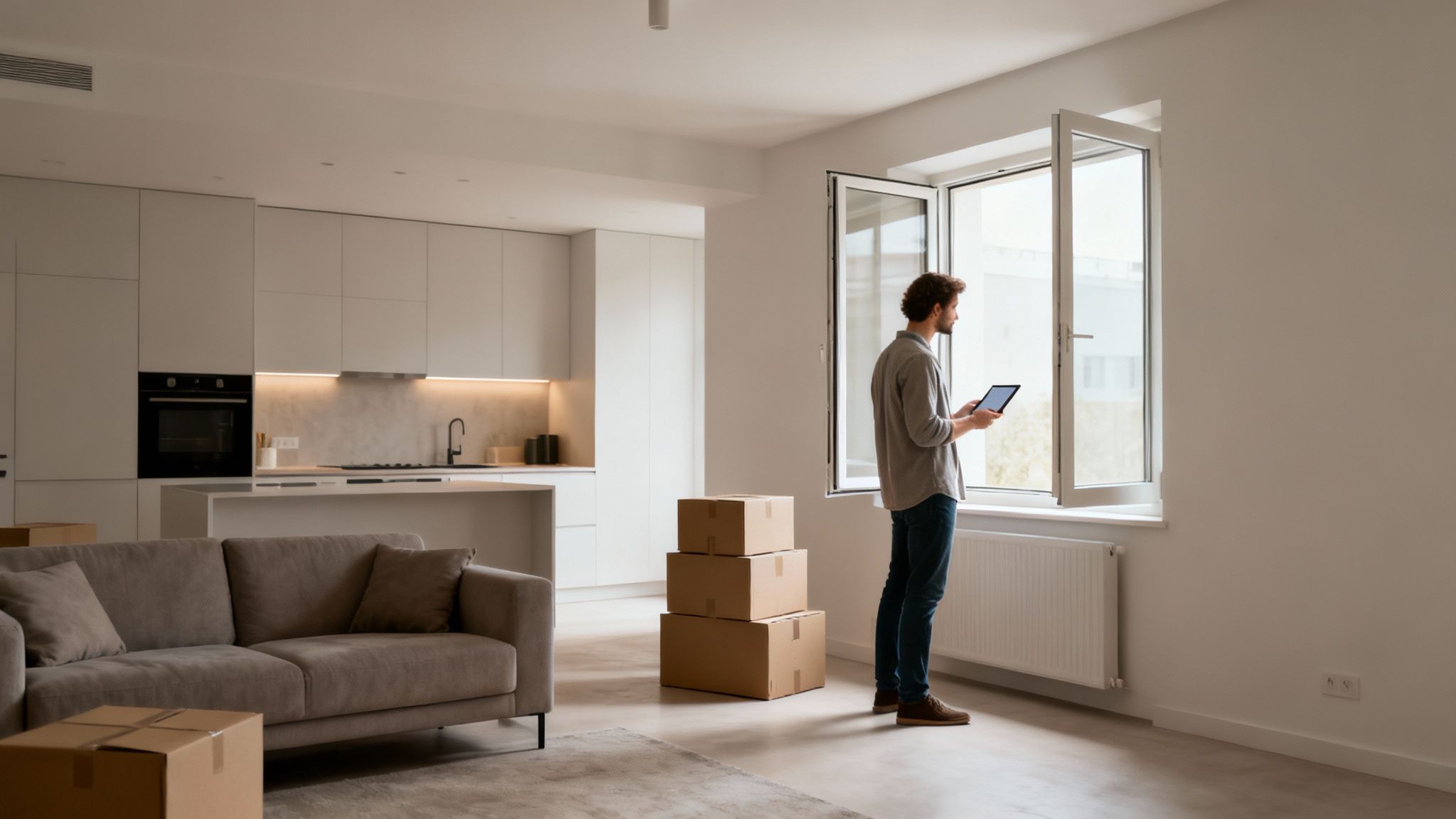 Junger Mann in moderner Wohnung mit Umzugskartons, blickt aus dem Fenster und benutzt ein Tablet.