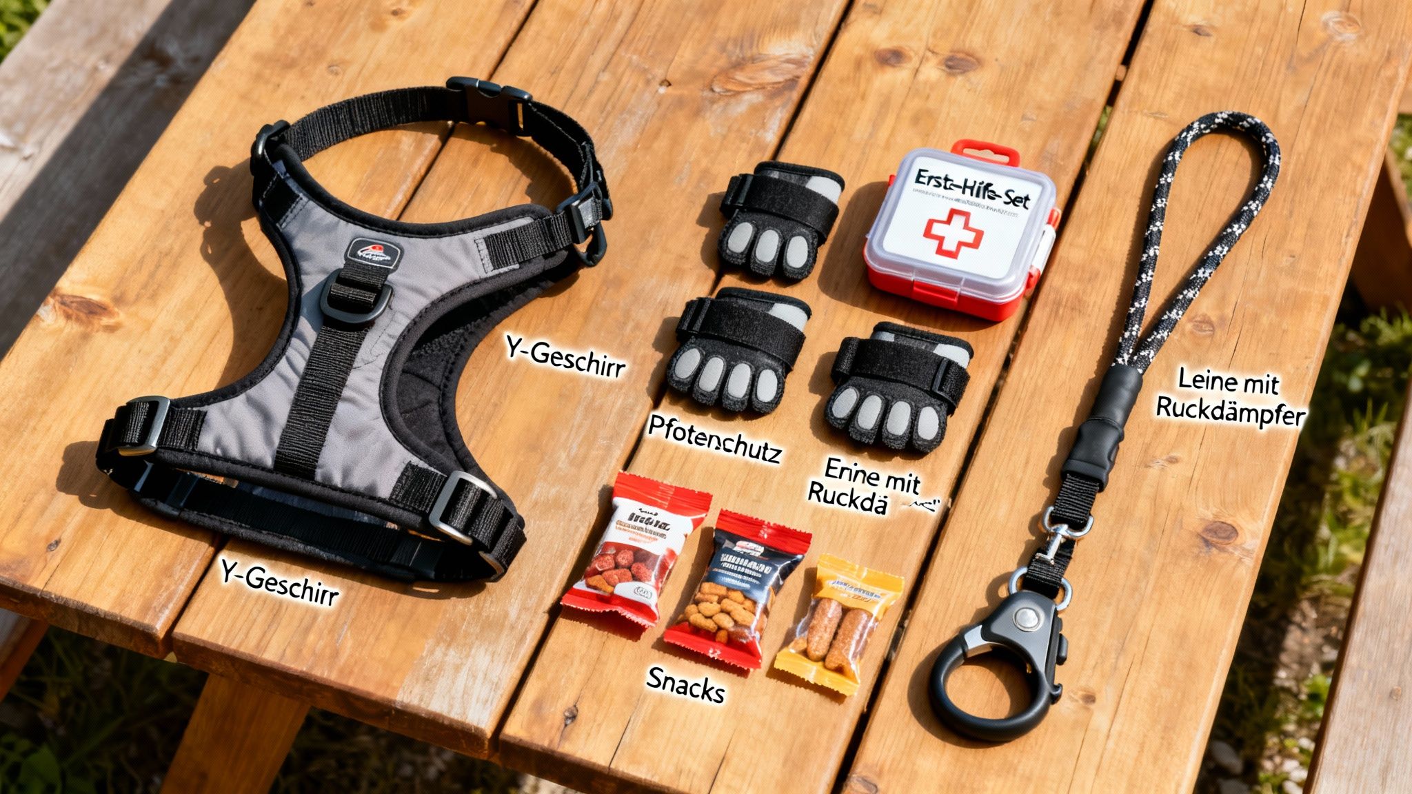 Ausrüstung für das Wandern mit Hund: Y-Geschirr, Pfotenschutz, Leine, Snacks und Erste-Hilfe-Set auf Holztisch.