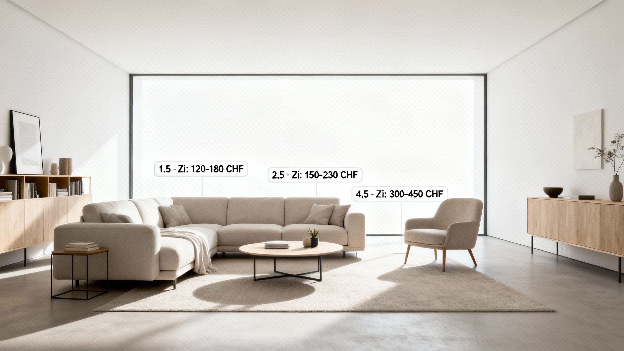 Modernes Wohnzimmer mit hellem Sofa, Couchtisch und Sessel, dazu Preisinformationen für verschiedene Wohnungsgrößen.