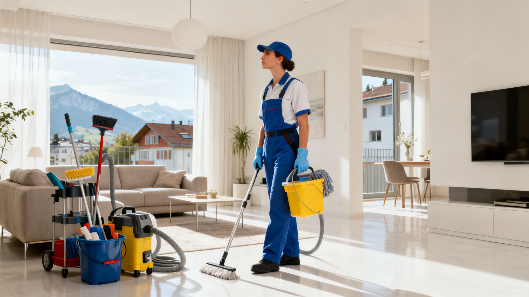 Professionelle Reinigungsfachkraft in Uniform reinigt ein modernes Wohnzimmer in den Schweizer Bergen.