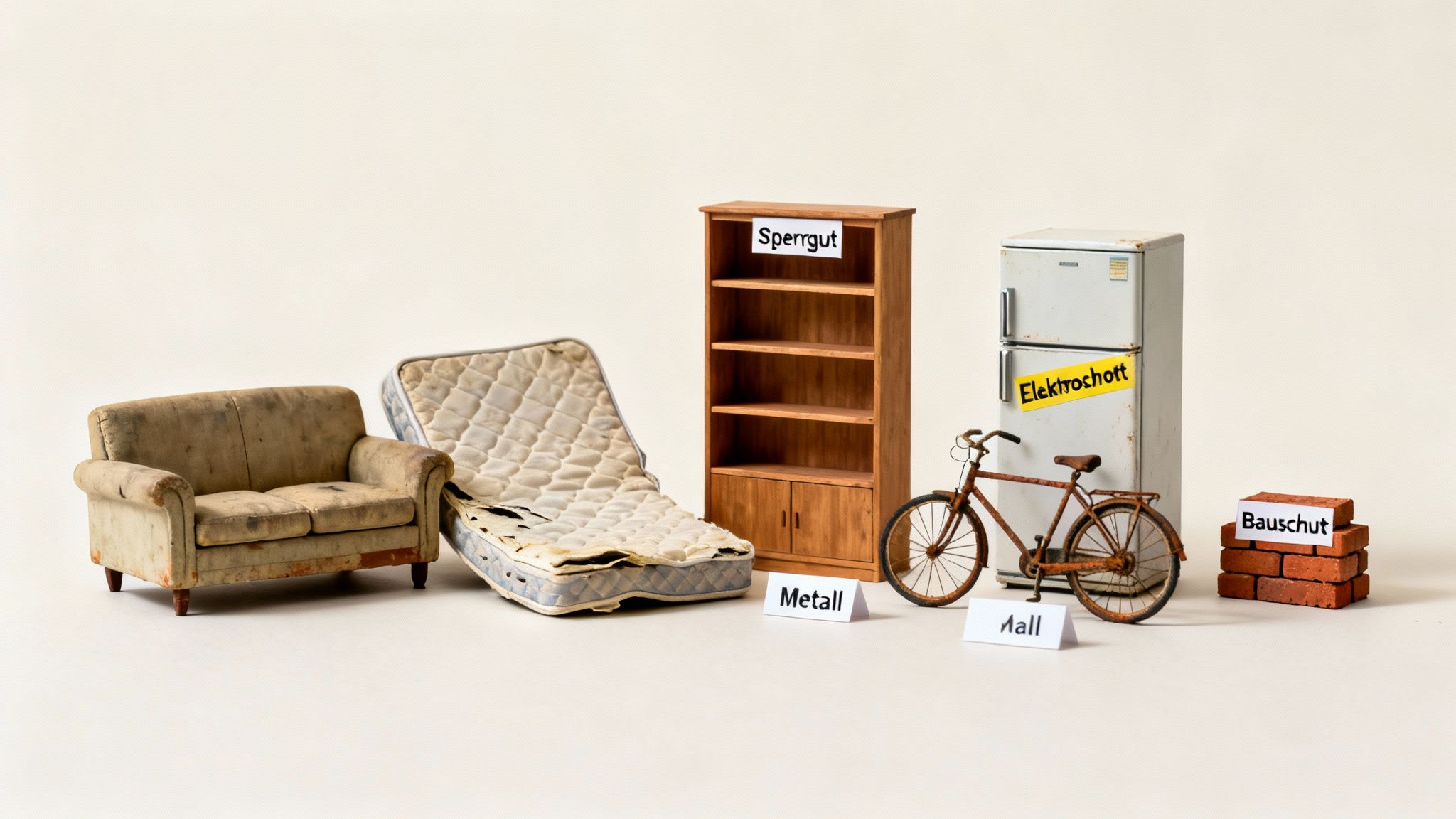 Verschiedene Abfallarten wie Sperrgut, Elektroschrott, Metall und Bauschutt, ordentlich zur Entsorgung präsentiert.