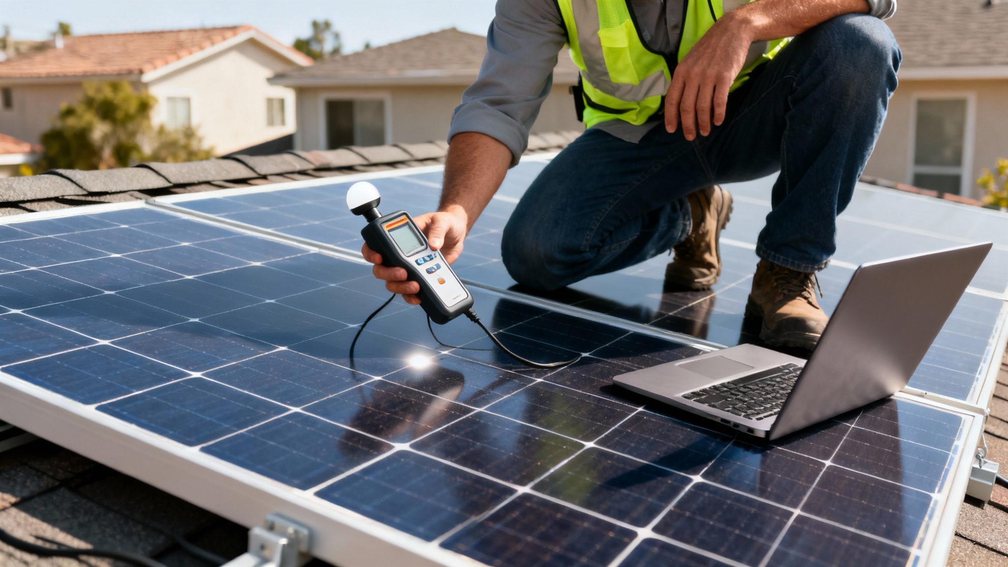 Ein Solartechniker misst auf einem Hausdach die Leistung von PV-Anlagen mit einem Messgerät und Laptop.