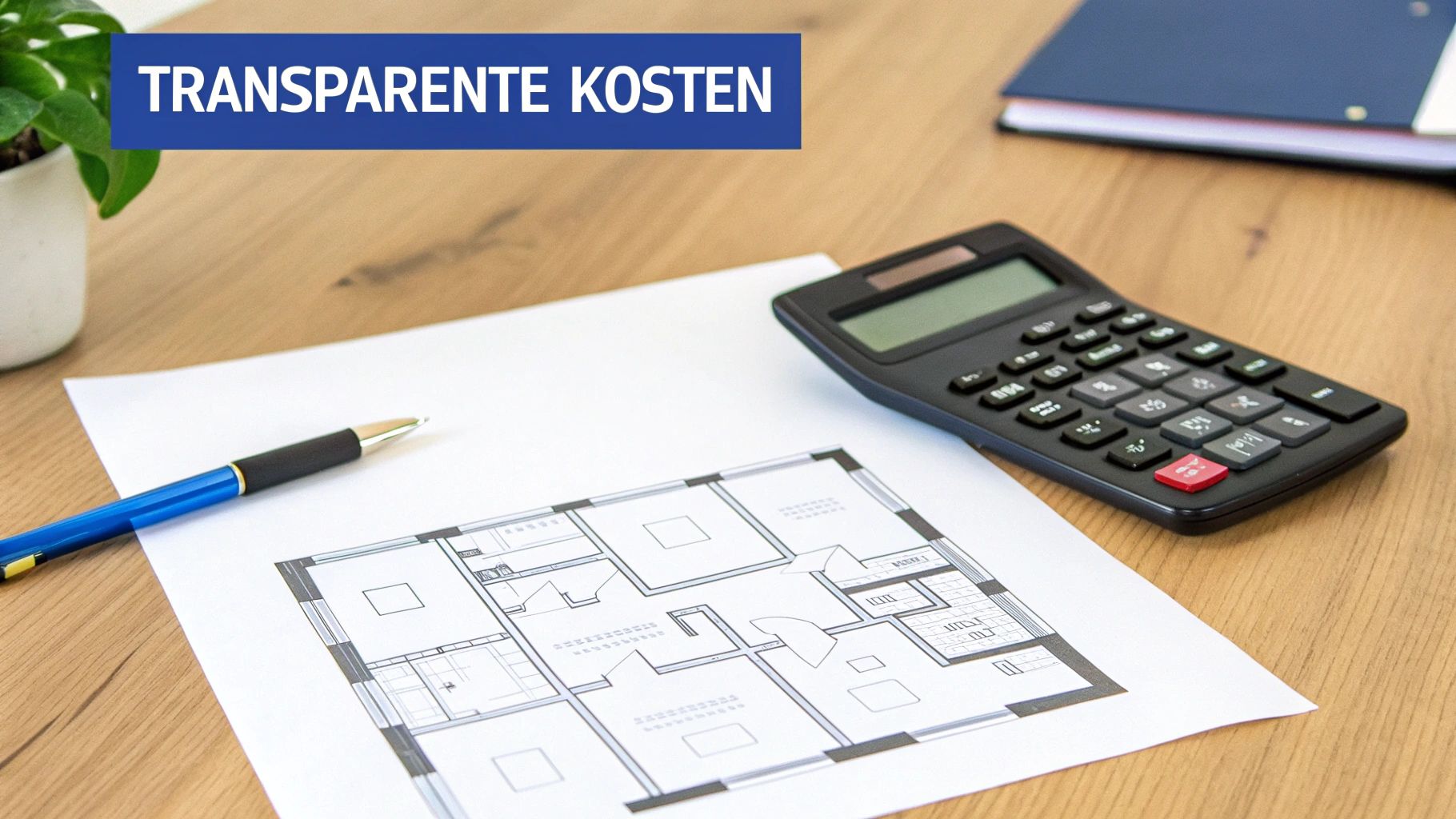 Eine Person hält einen Taschenrechner vor einer sauberen Wohnung, um die Kosten der Endreinigung zu kalkulieren.