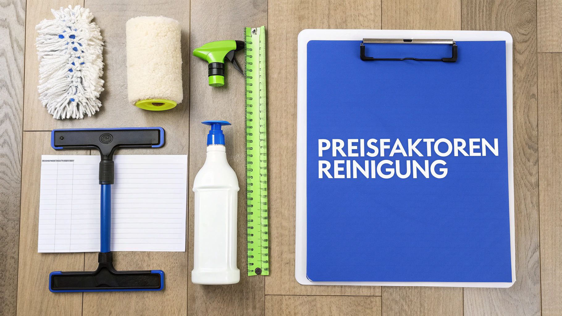 Reinigungsutensilien und eine Checkliste neben einem Klemmbrett mit „PREISFAKTOREN REINIGUNG“ auf Holzboden.