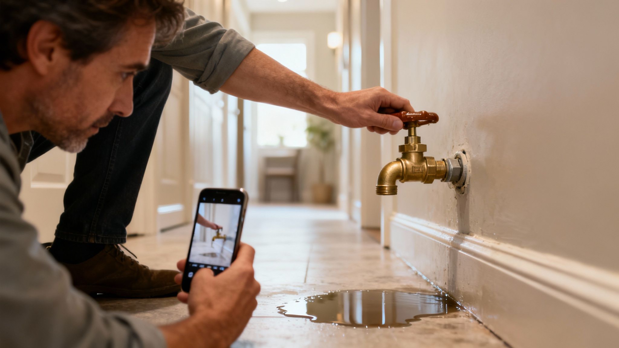 Ein Mann fotografiert einen undichten Wasserhahn an der Wand und eine Wasserpfütze auf dem Boden.