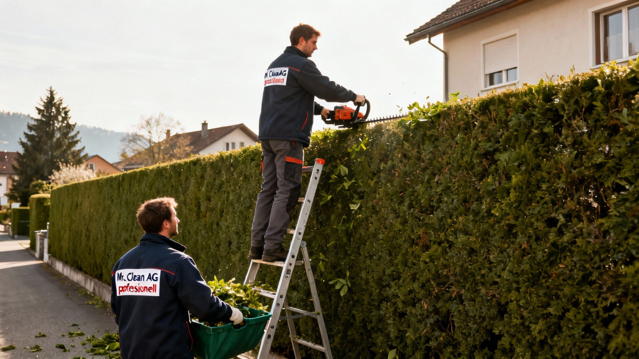 Zwei Gärtner schneiden sorgfältig eine hohe Hecke; einer auf einer Leiter, der andere sammelt den Grünschnitt.