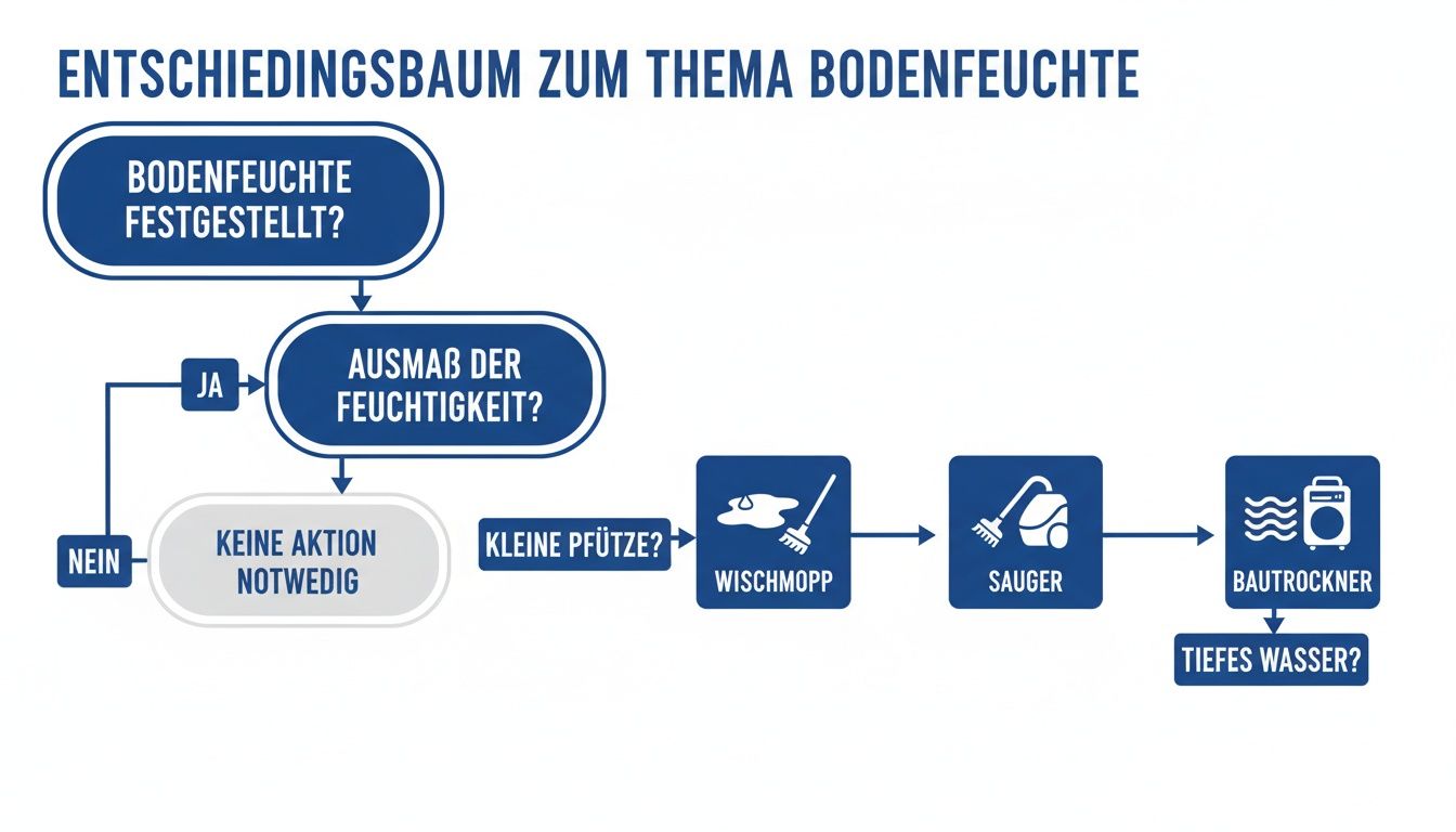 Entscheidungsbaum zum Thema Bodenfeuchte, der Maßnahmen zur Bewältigung darstellt, von Wischmopp bis Bautrockner.