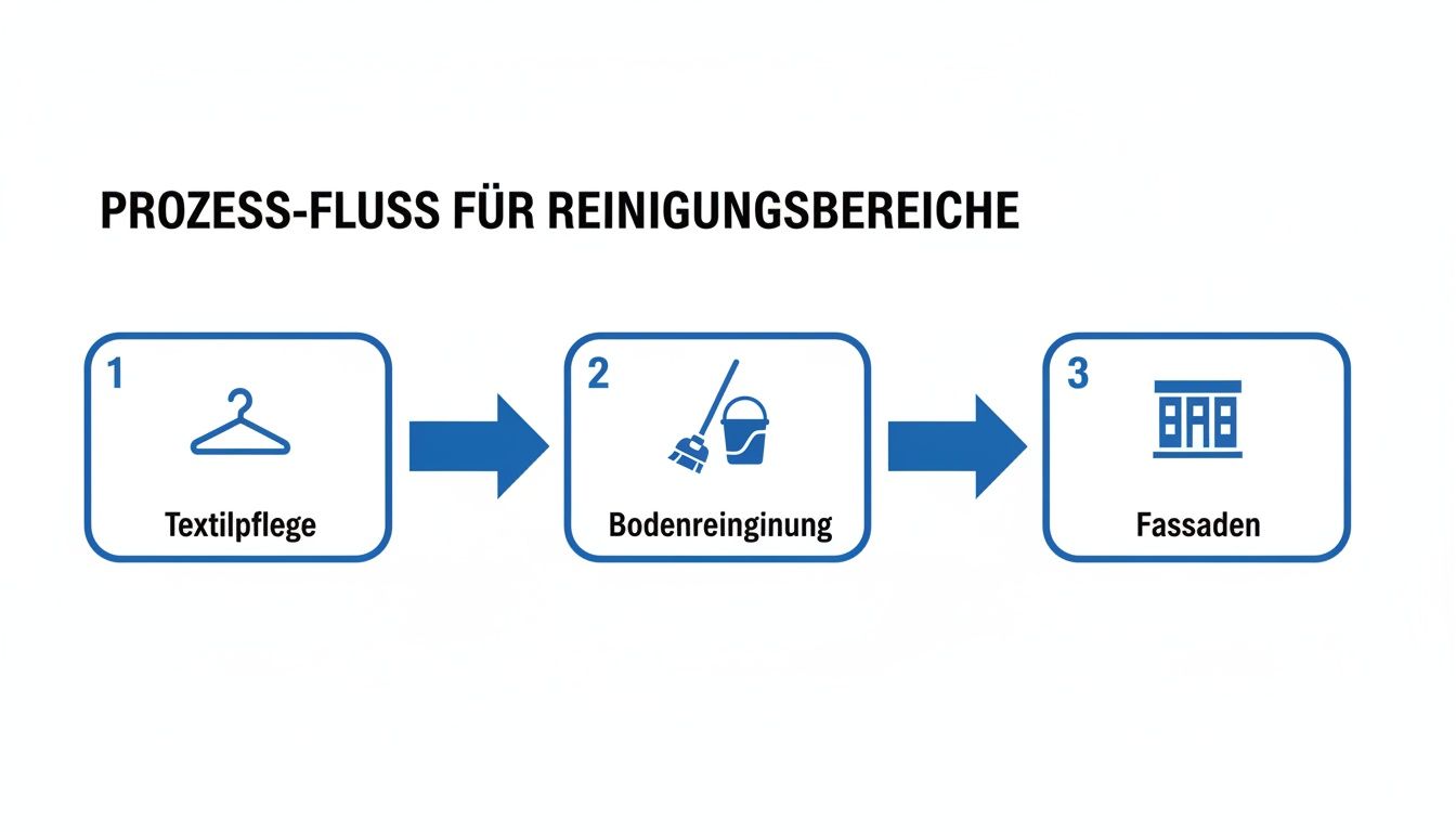 Flussdiagramm zeigt den Prozess für Reinigungsbereiche: Textilpflege, Bodenreinigung und Fassadenreinigung mit entsprechenden Symbolen.