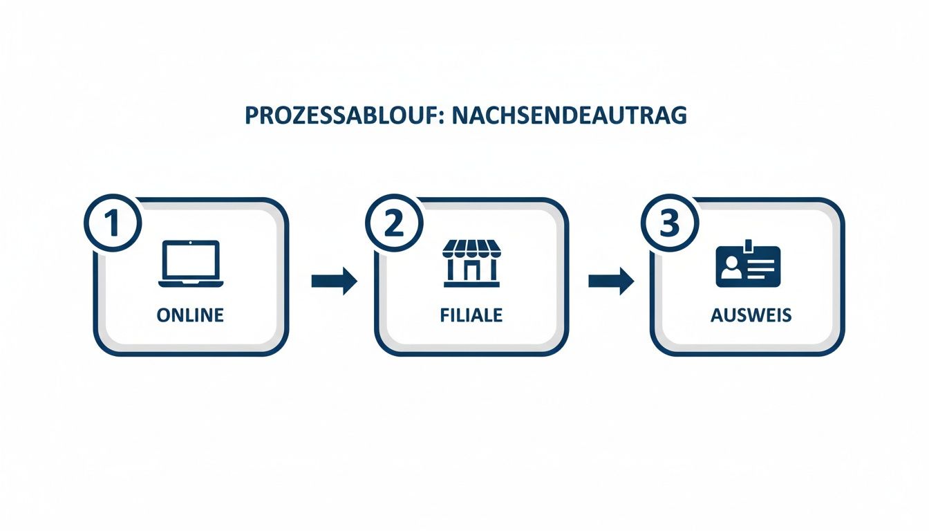 Visualisierung des Prozessablaufs für einen Nachsendeauftrag in drei Schritten: Online-Beantragung, Filialbesuch und Ausweisprüfung.