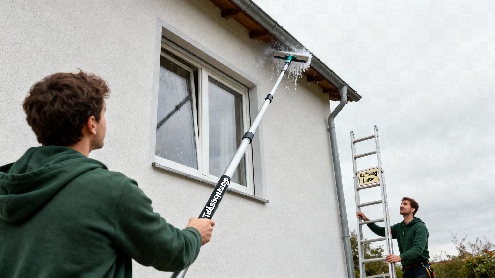 Zwei Männer reinigen die Hausfassade und Dachrinne mit einer Teleskopstange und Leiter.