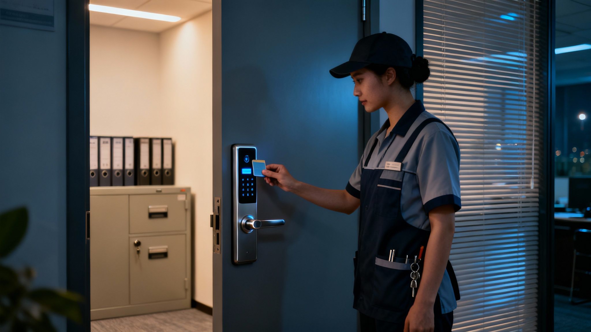 Junge Frau in Uniform öffnet abends Bürotür mit digitalem Schloss und Schlüsselkarte.
