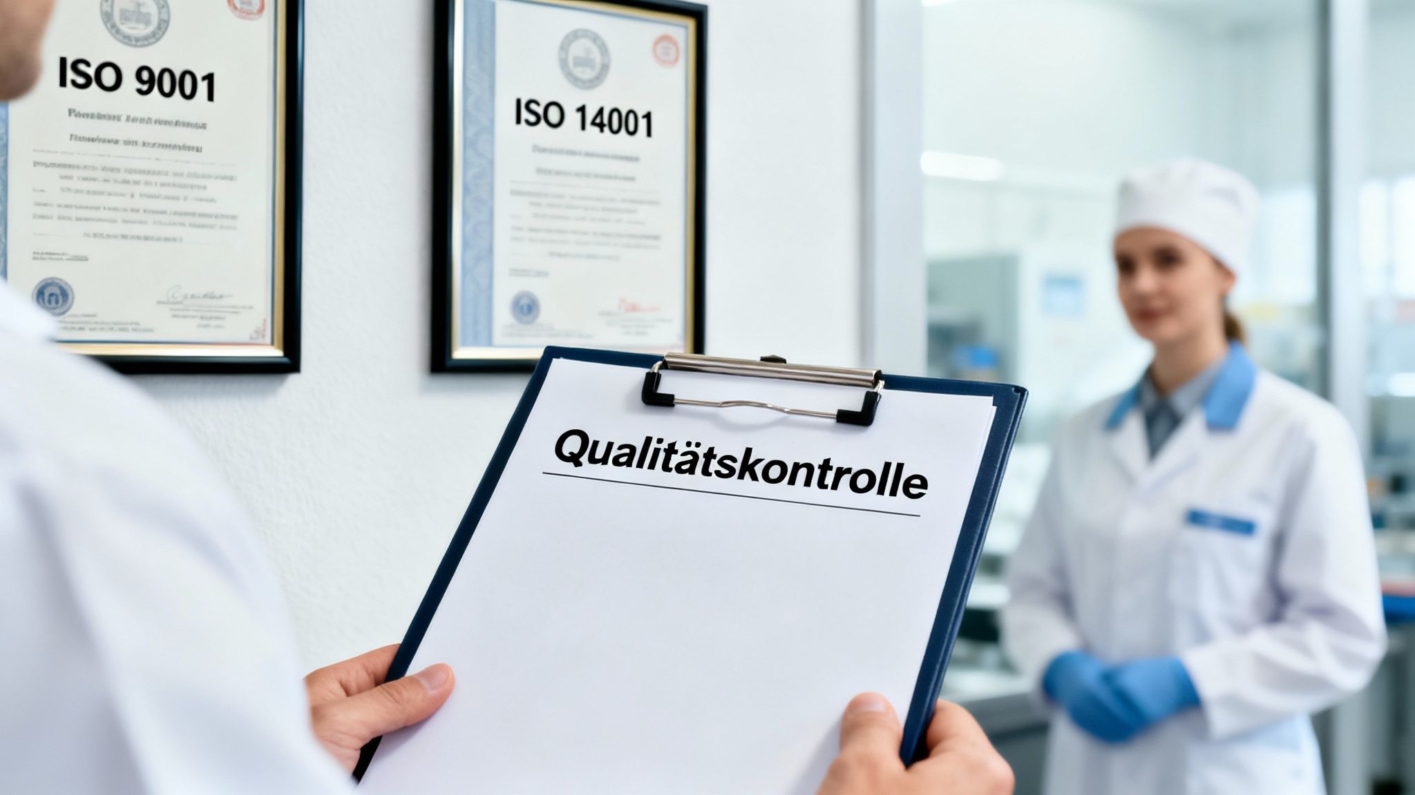 Person in Laborkittel hält Klemmbrett mit 'Qualitätskontrolle' vor ISO-Zertifikaten an der Wand.