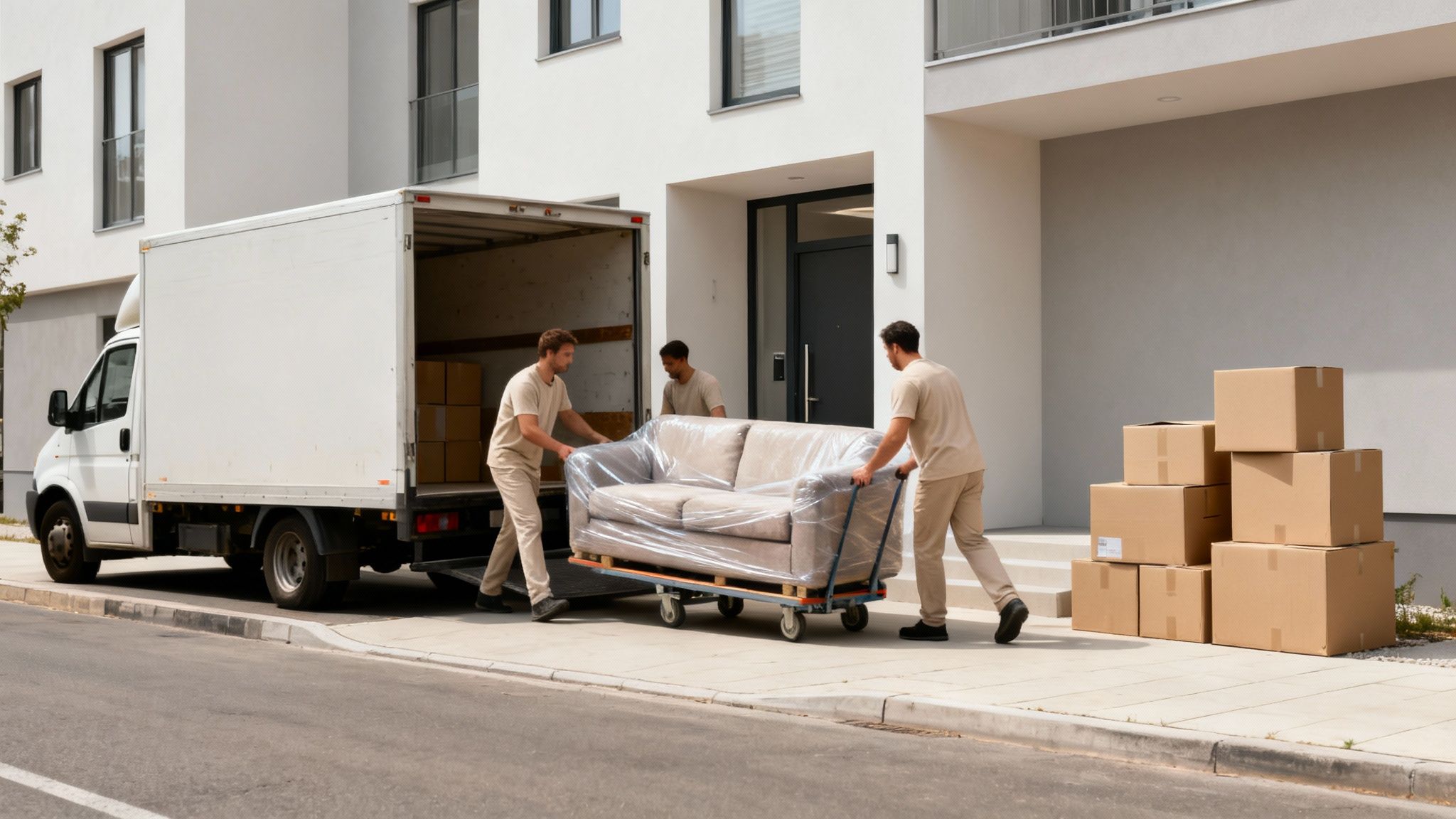 Drei Männer entladen ein Sofa von einem Umzugswagen vor einem Wohngebäude, daneben stehen Umzugskartons.